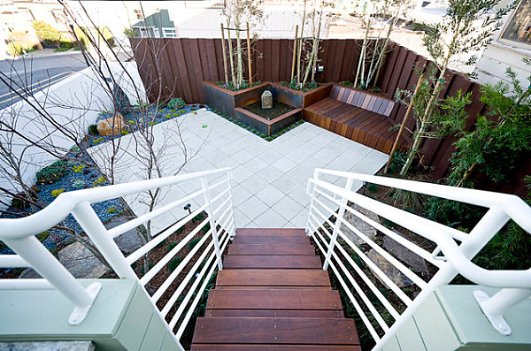 Angular landscaped backyard