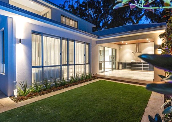 Backyard green with a stone border