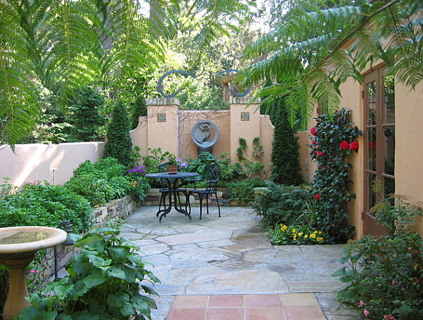 Backyard patio with a lush border