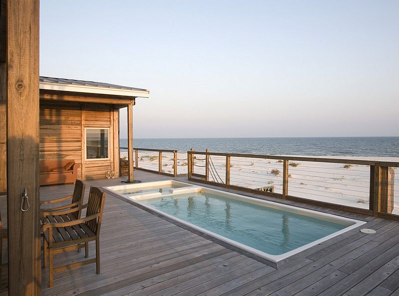 Small oceanview pool on the deck made of wood.