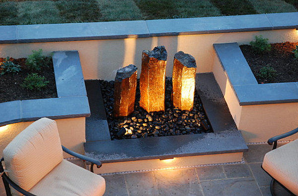 Stucco retaining walls in a lanscaped backyard