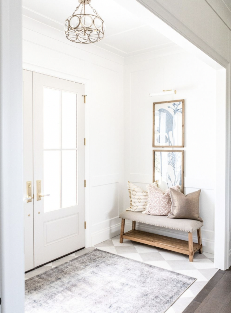 A Checkerboard Floor in White and Light Grey Paired with Grey Carpet