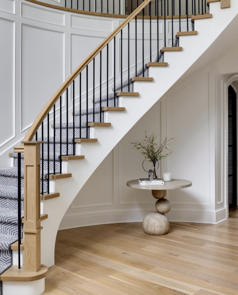 A Grey Patterned Runner on Custom Curved Stairs