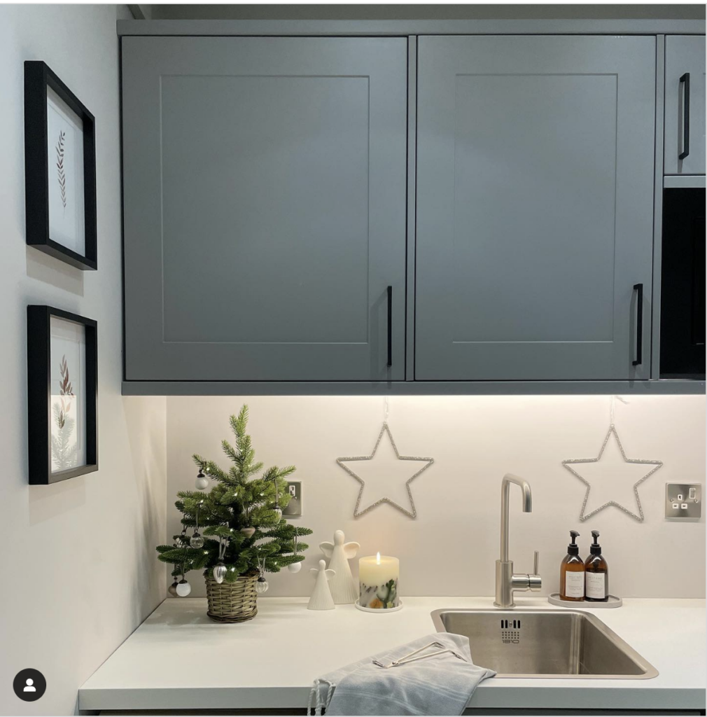 A Kitchen in Gray and White with Black Hardware