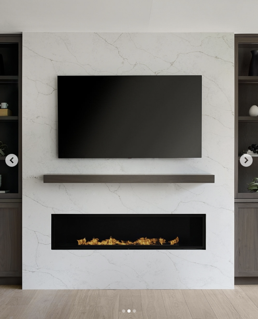Modern electric fireplace with TV above in contemporary living room