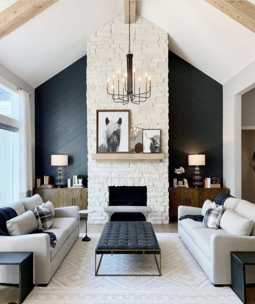 Accent Wall of White Stone with a Two-Story Fireplace