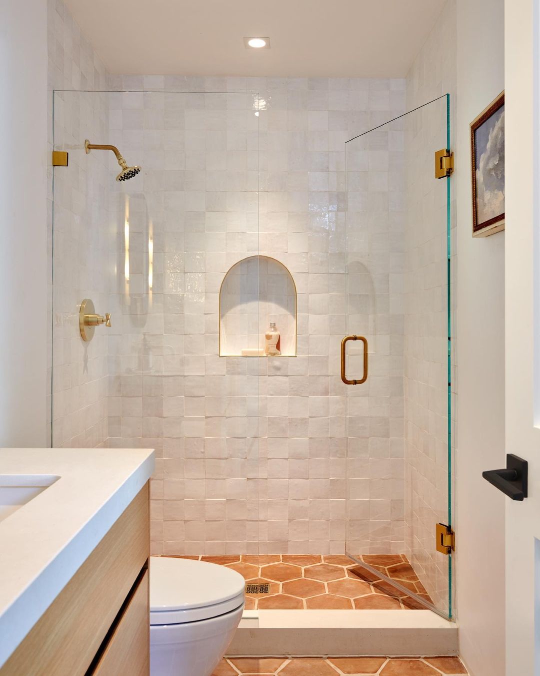 Warm Terracotta Shower Pan with Arched Niche
