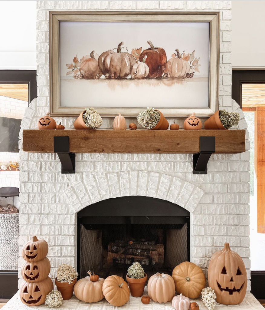 Artwork above the modern fireplace