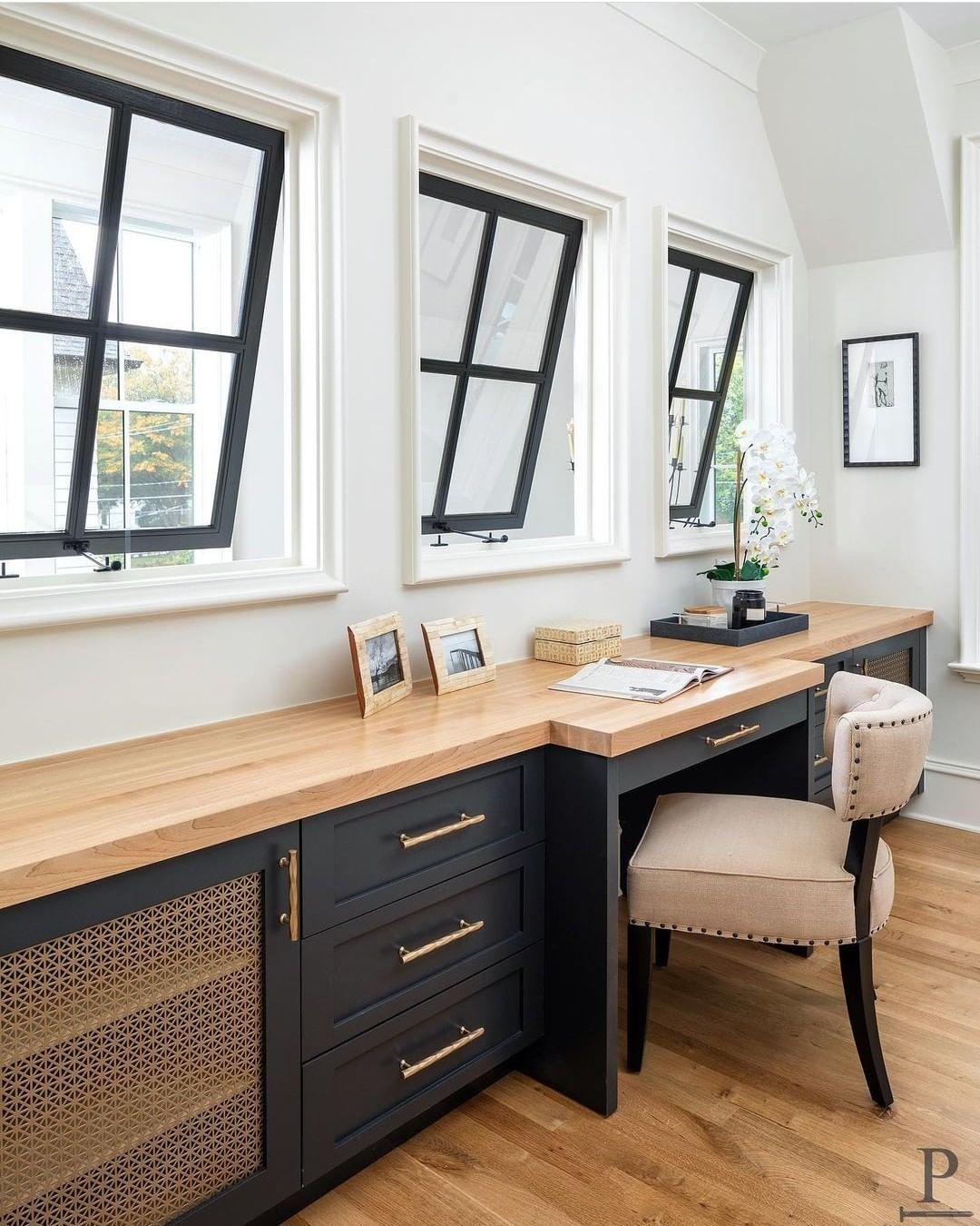 Awning Windows at a Large Built-In Wood Desk