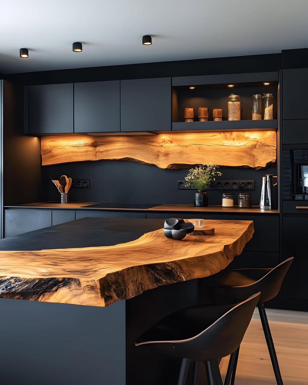 Backlit Live-Edge Wood Through Dark Cabinetry
