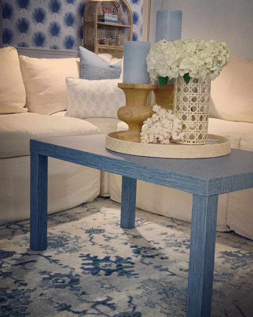 Basic Modern DIY Rectangular Blue-Polished Grasscloth Coffee Table with Four Legs