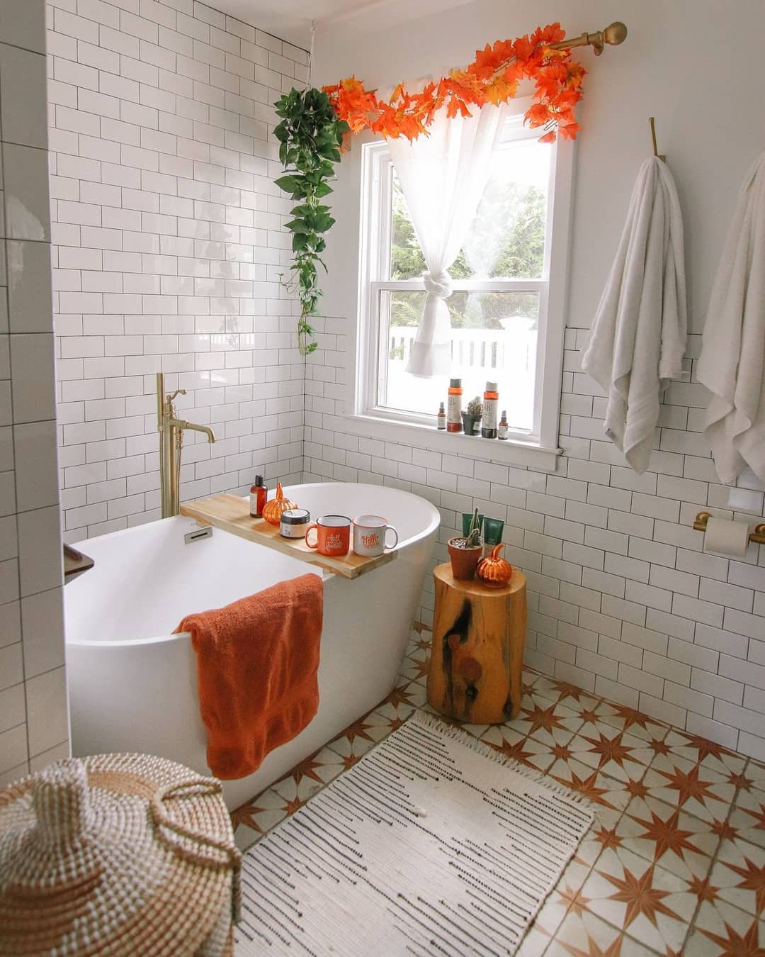 Bathroom Fall Styling with Mugs and Maple Leaves