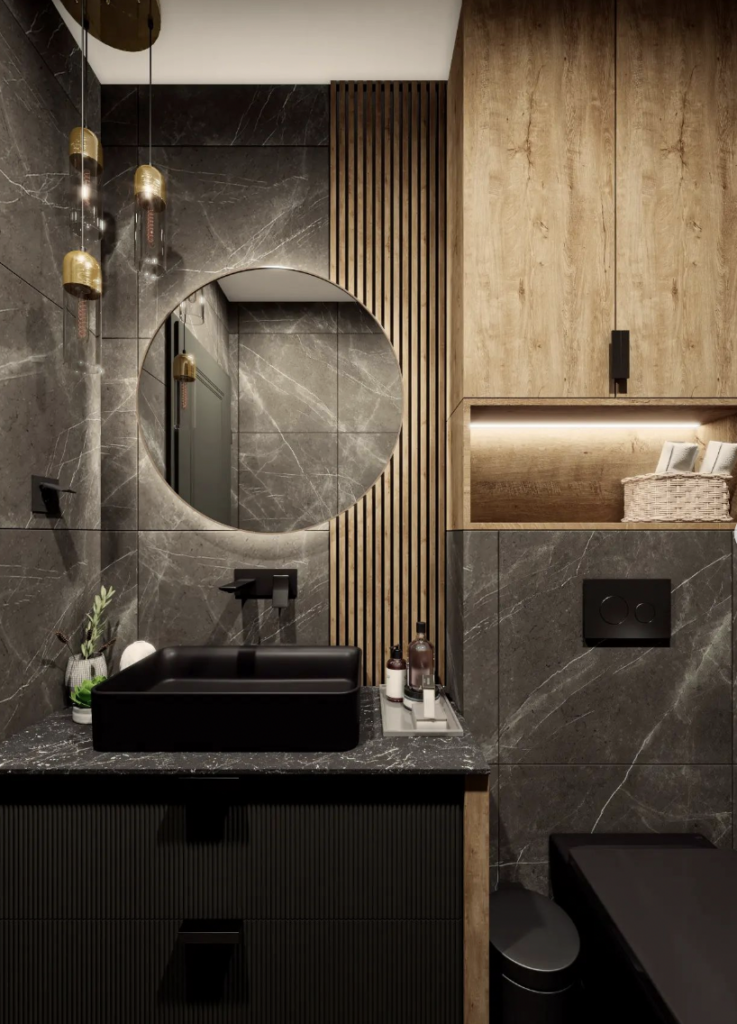 Bathroom with a Black Countertop and Wood Accents