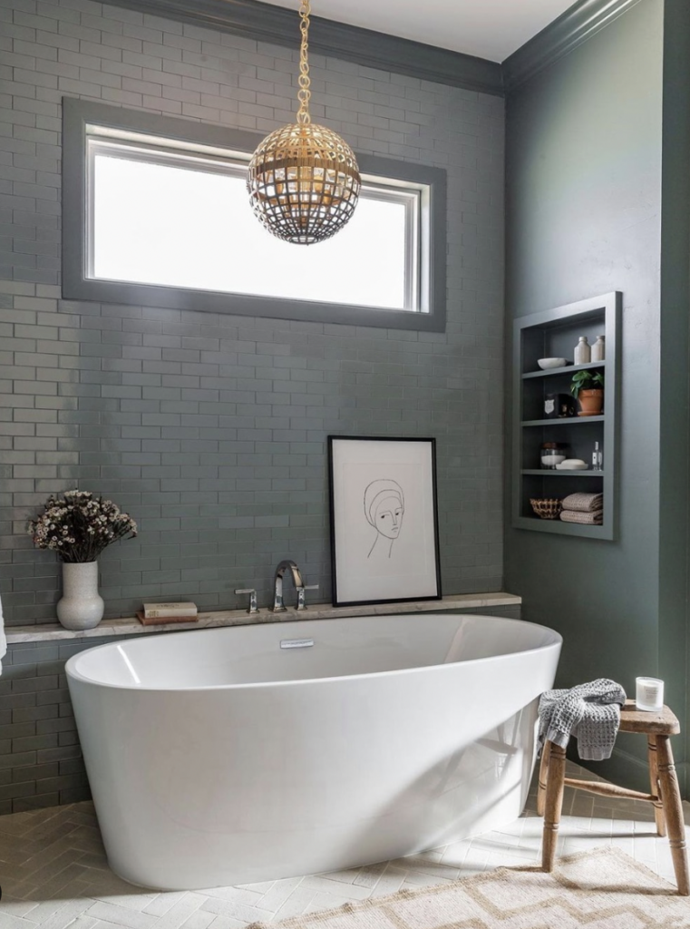 Bathroom with a Golden Sphere Chandelier in Dark Grey
