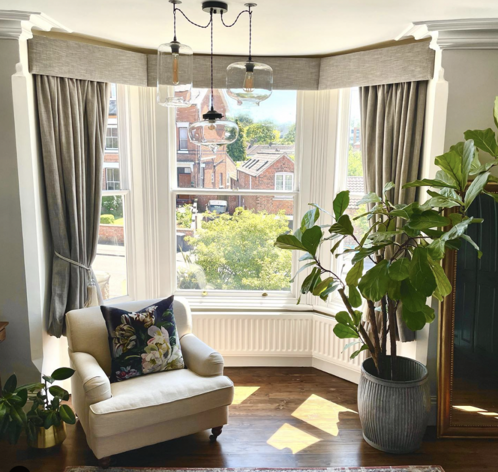 Bay Window Roman Shade Rod and Curtains