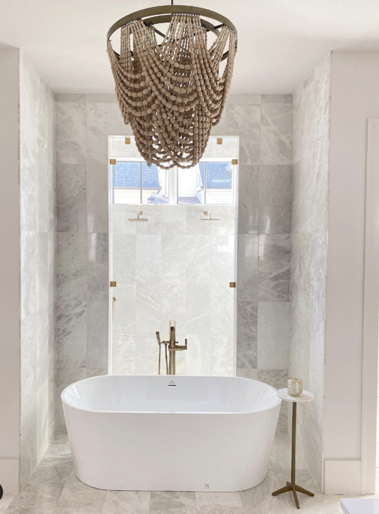 Beaded Chandelier in a Neutral Bathroom
