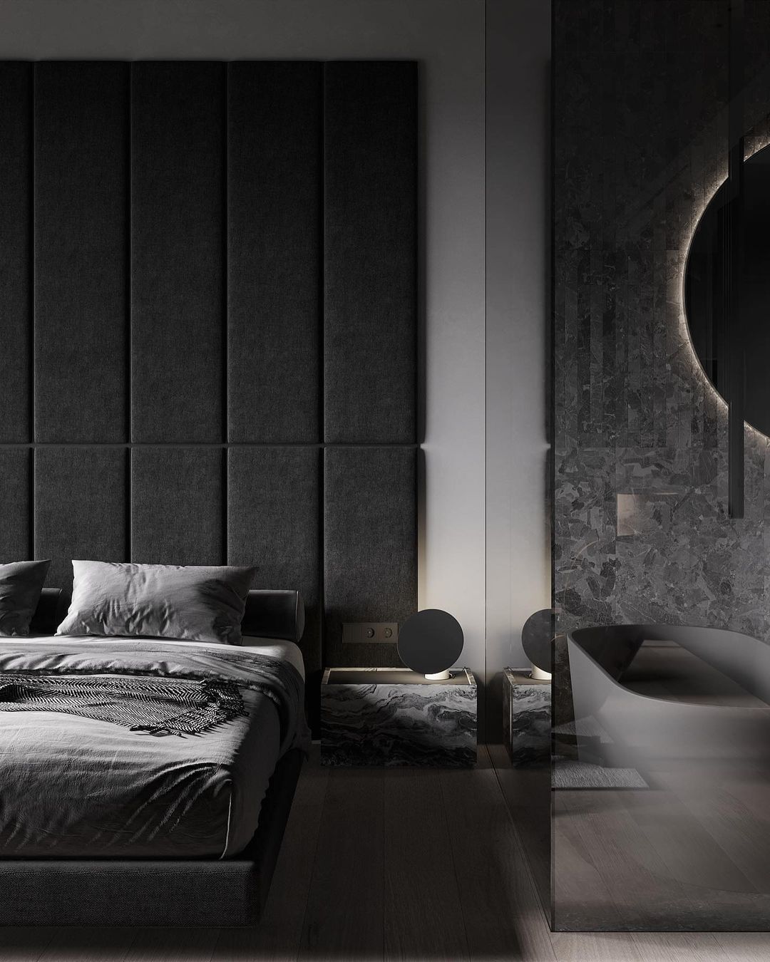 Bedroom in Gray and Black with a Black Glass Bathroom