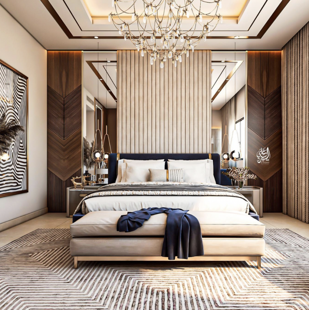 Bedroom with a luxurious style and wood mirror accents