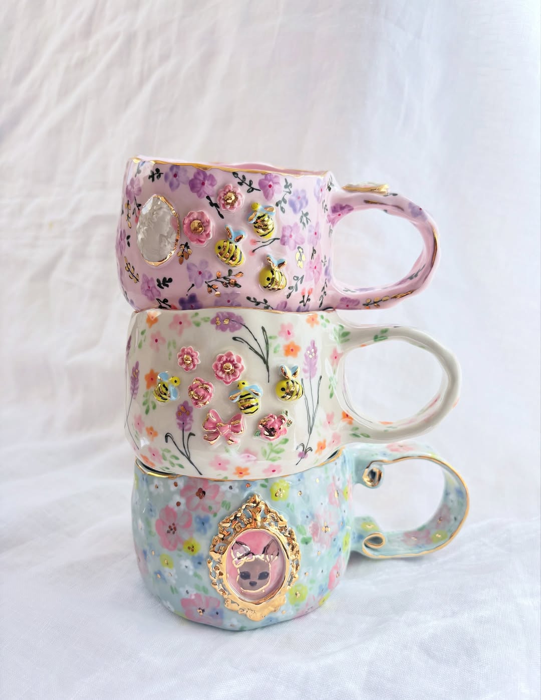 Bee-Themed Floral Mug with Bows