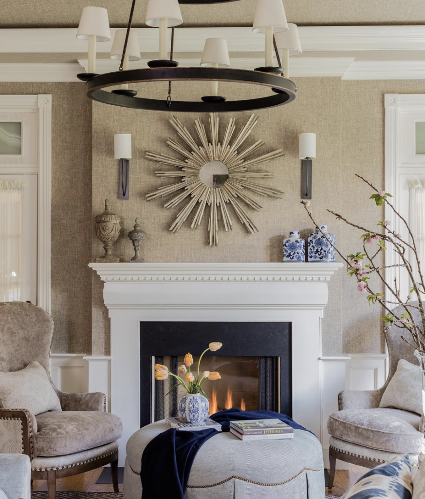 Beige Accent Wall and Black Fireplace Sconces
