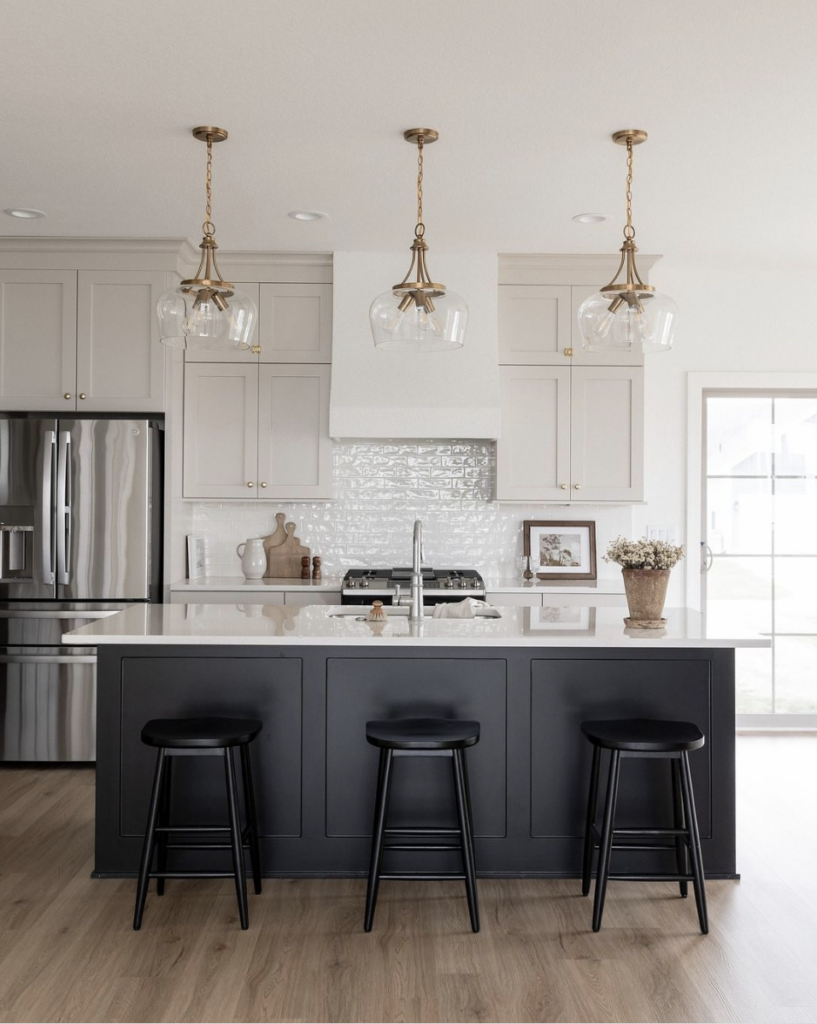 Beige Cabinets with Golden Brass and Glass Fixtures
