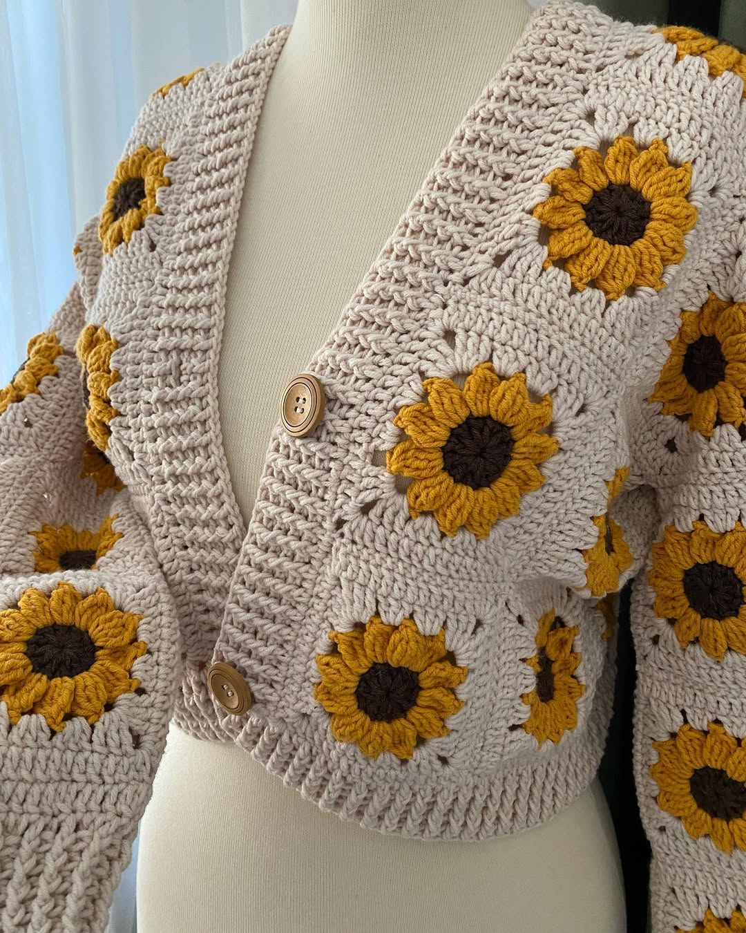 Beige Sunflower Granny Square Cardigan