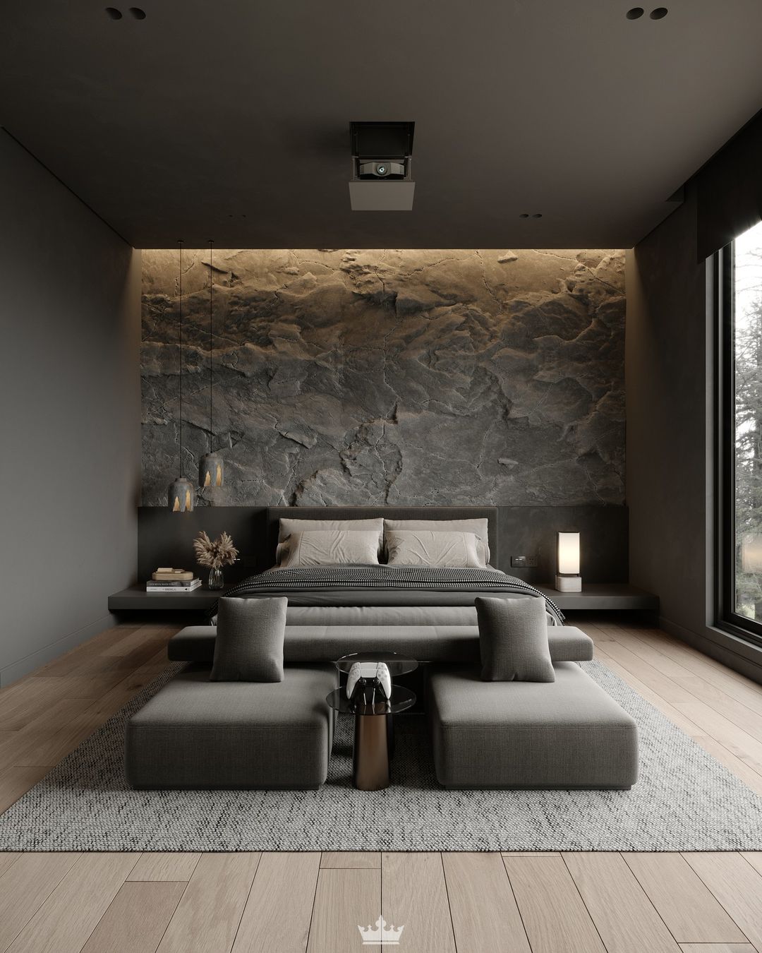 Black and grey interior over a light wood floor