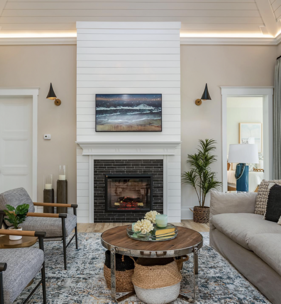 Black Fireplace With Horizontal Shiplap