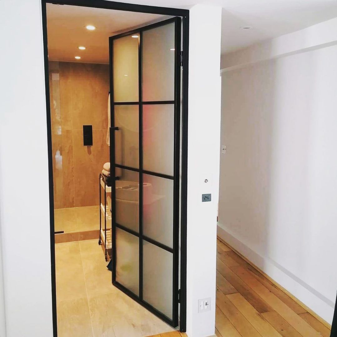 Black Frosted Pivot Bathroom Door