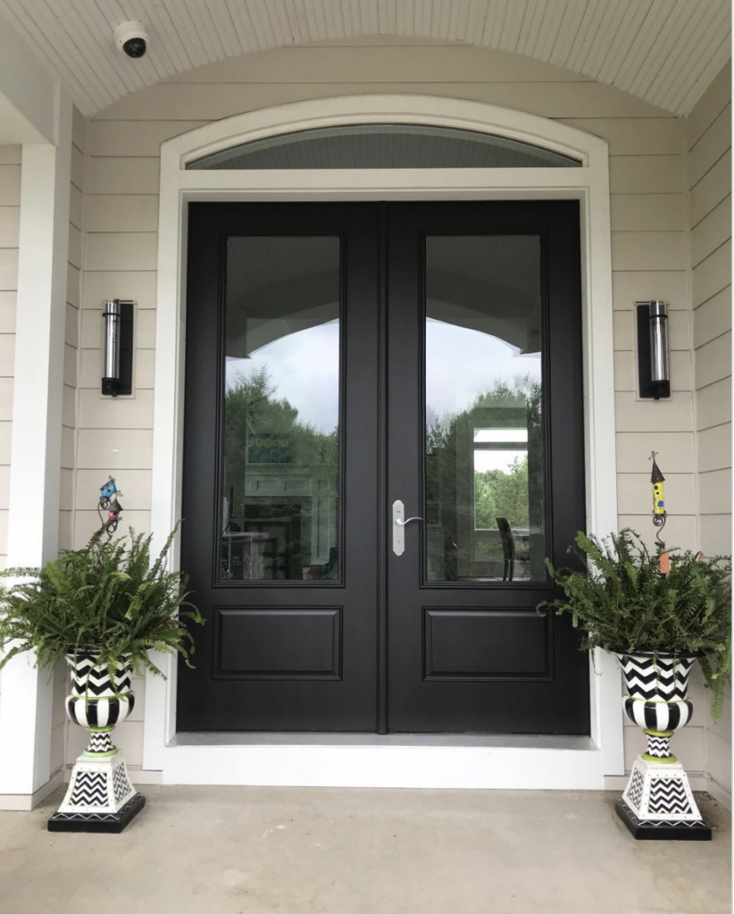 Black Glass Door with Side Planters
