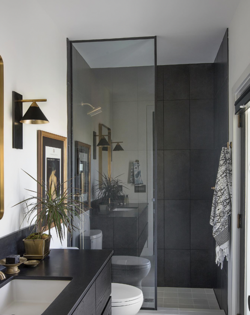 Black Granite Countertop in a Dark Grey Bathroom