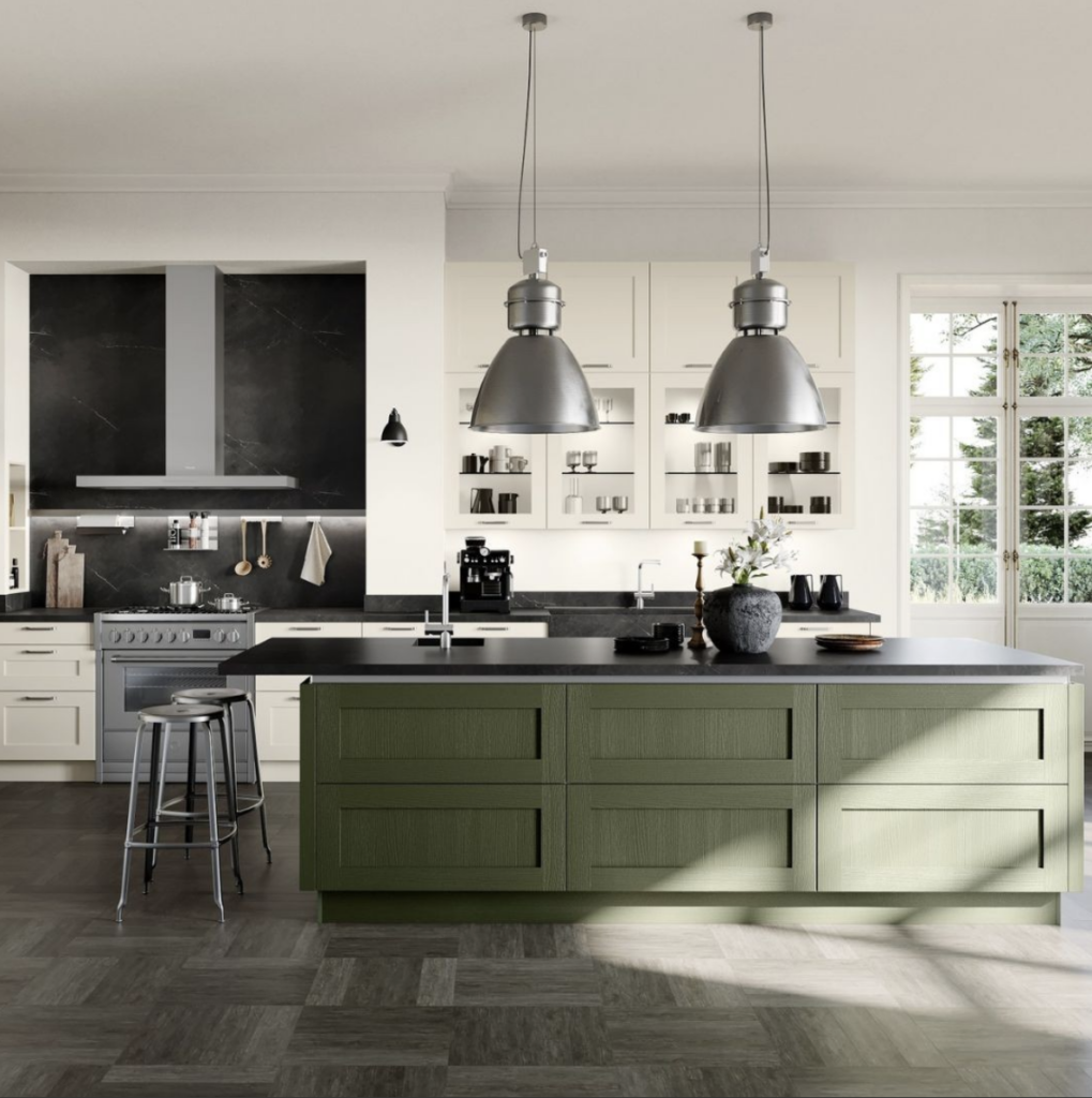 Black Granite Island Countertop with a Green and White Cabinet