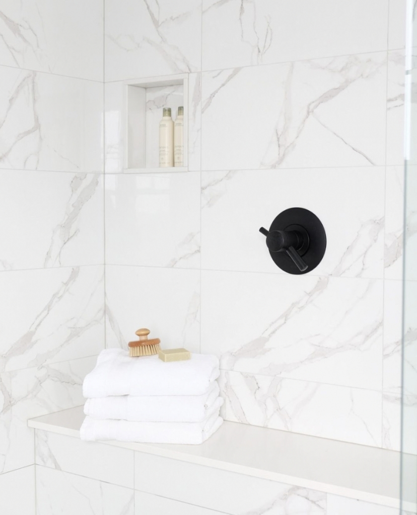 Tiled Shower Bench With Black Hardware