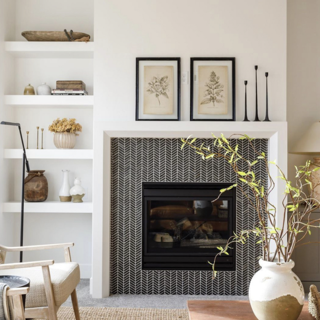 Black Herringbone Tile Fireplace with Timeless Charm