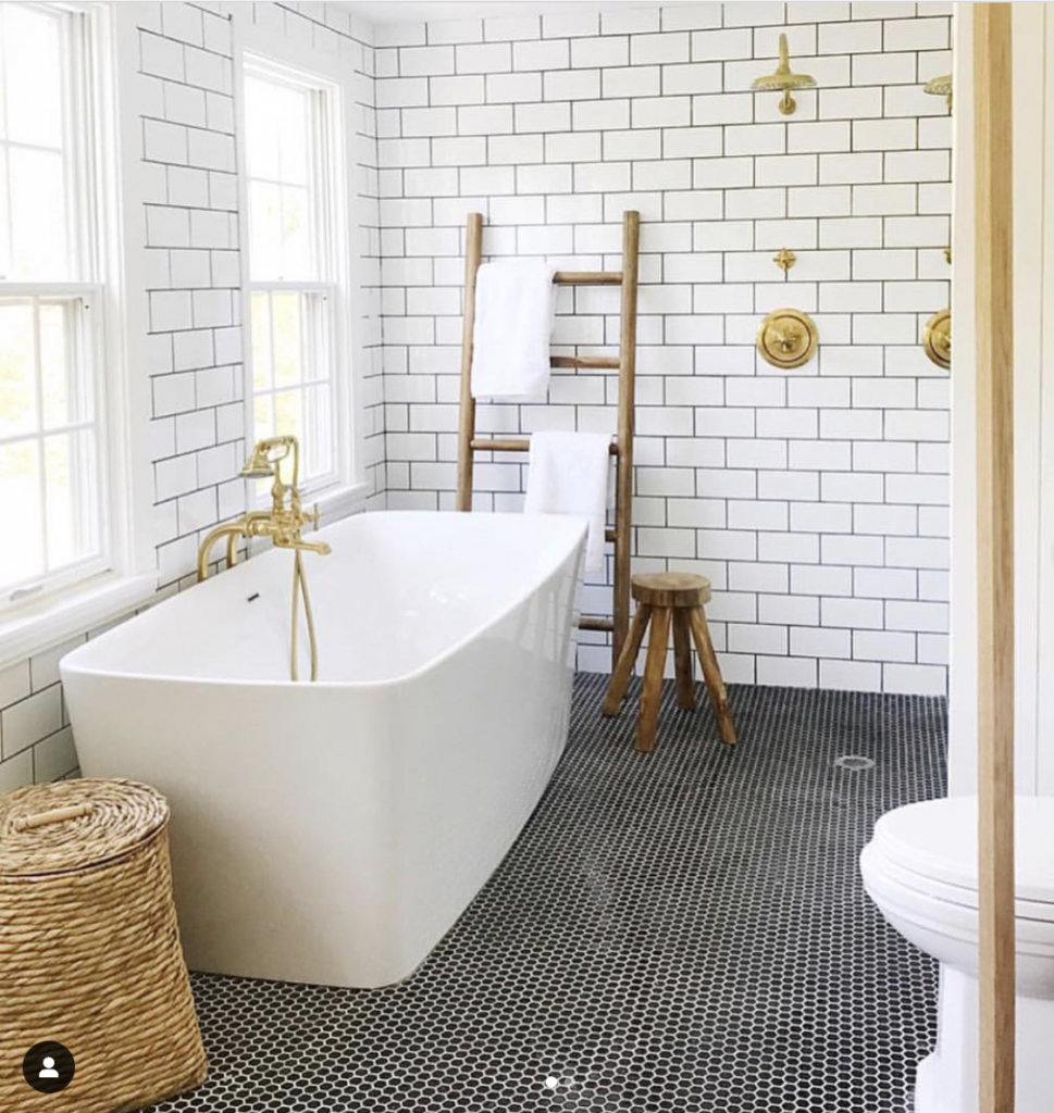 Black Penny Tile Shower Floor With Subway Tiles