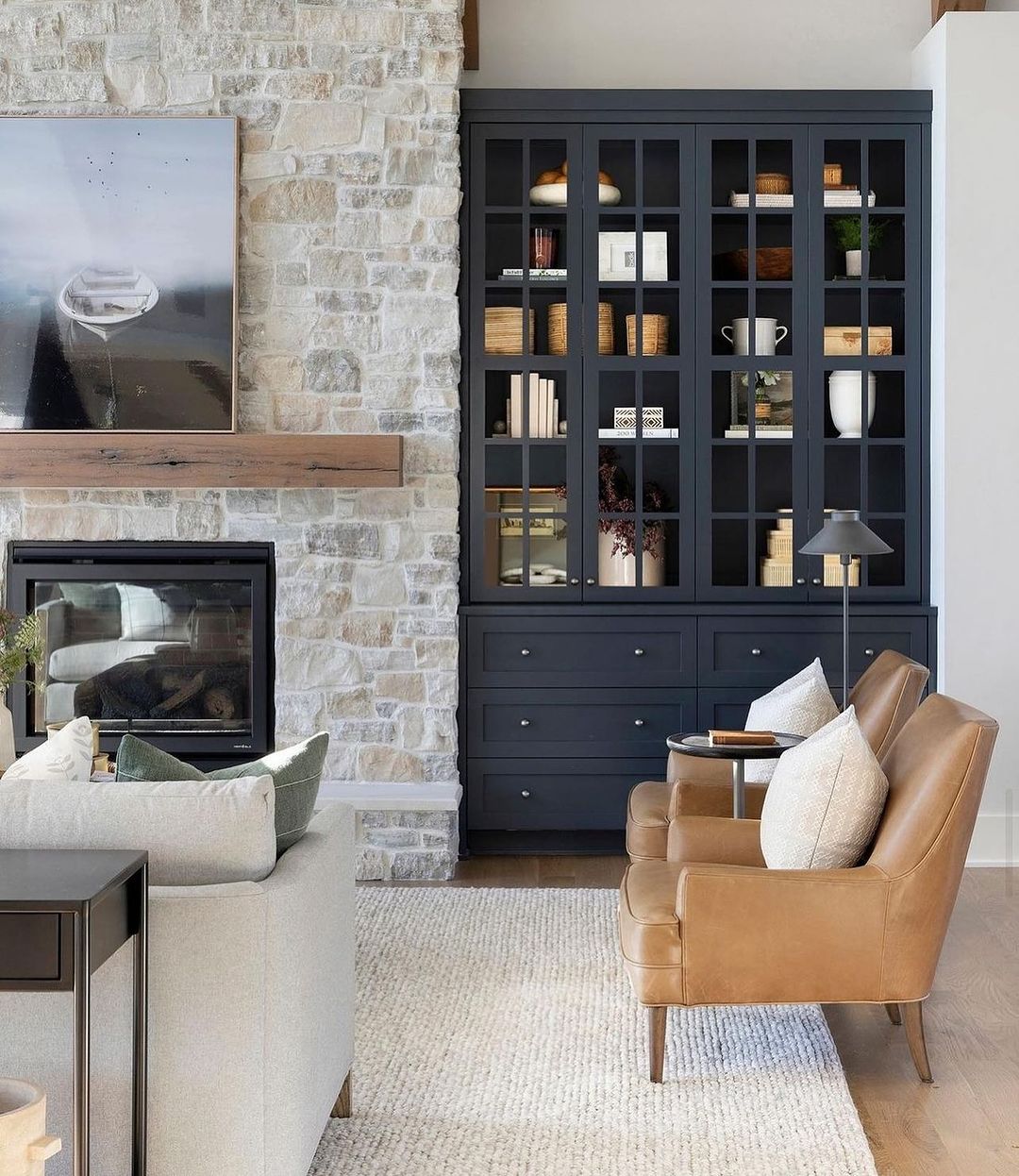 Black Shelving with Natural Warmth