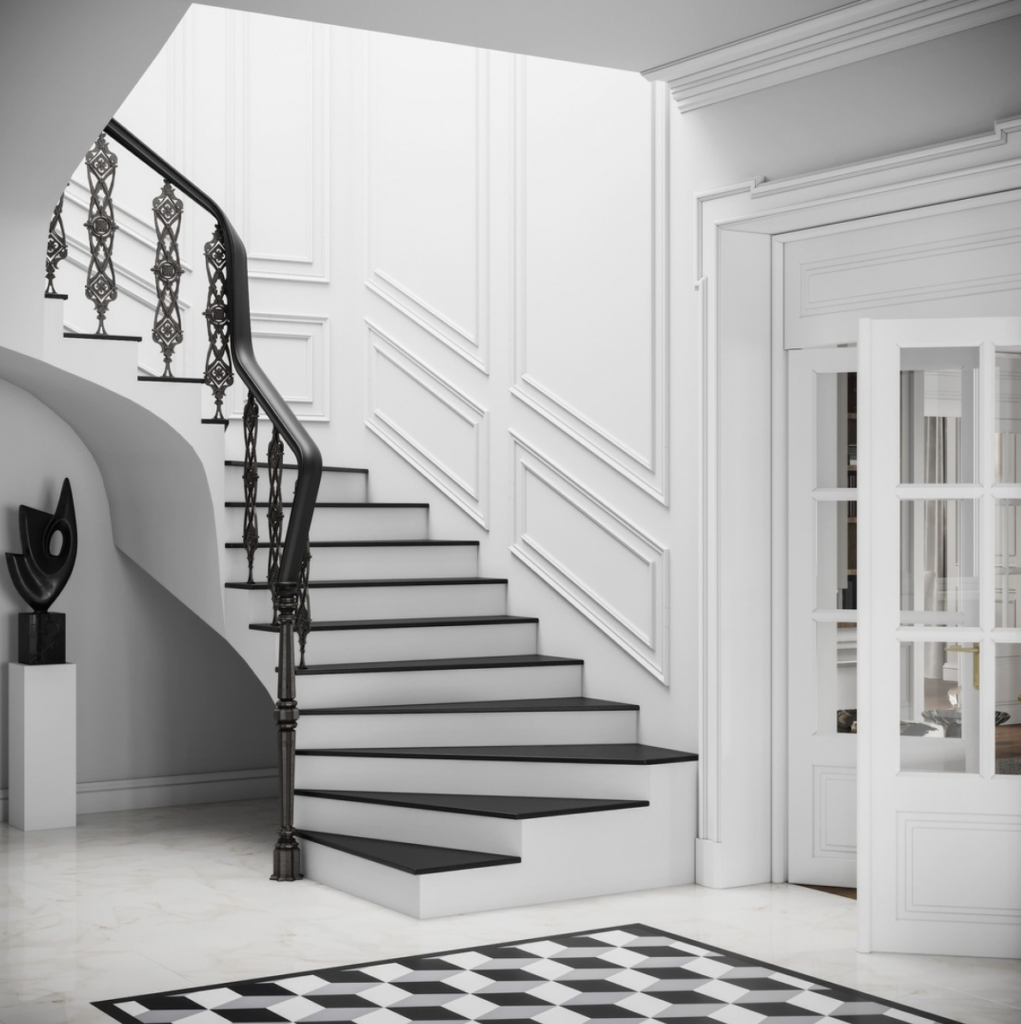 Black Staircase and Board-and-Batten Wall