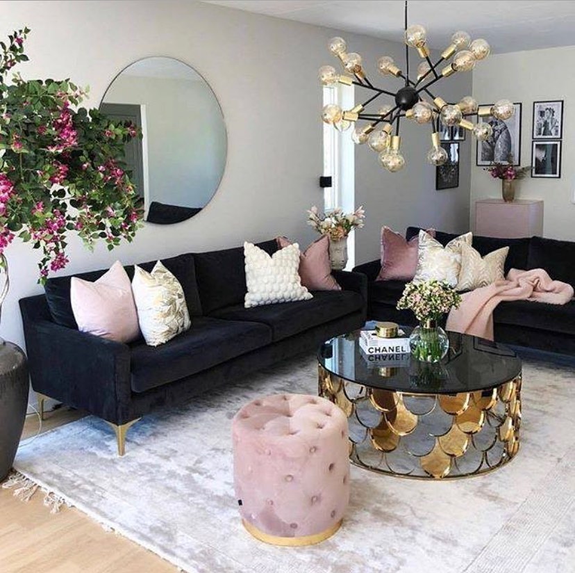Black Velvet Couch with Floral Gold Accents and Blush Pink Details