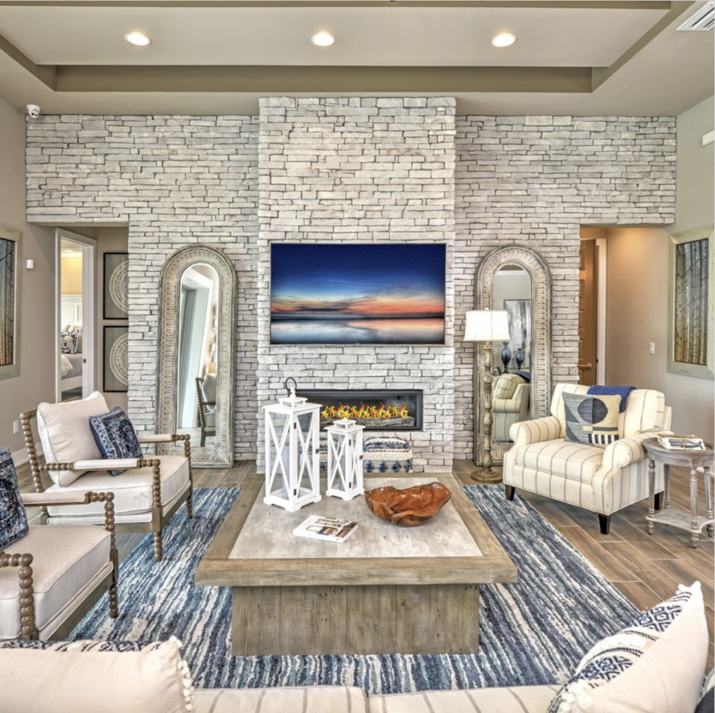 Blue Accent and Stone Wall in the Living Room