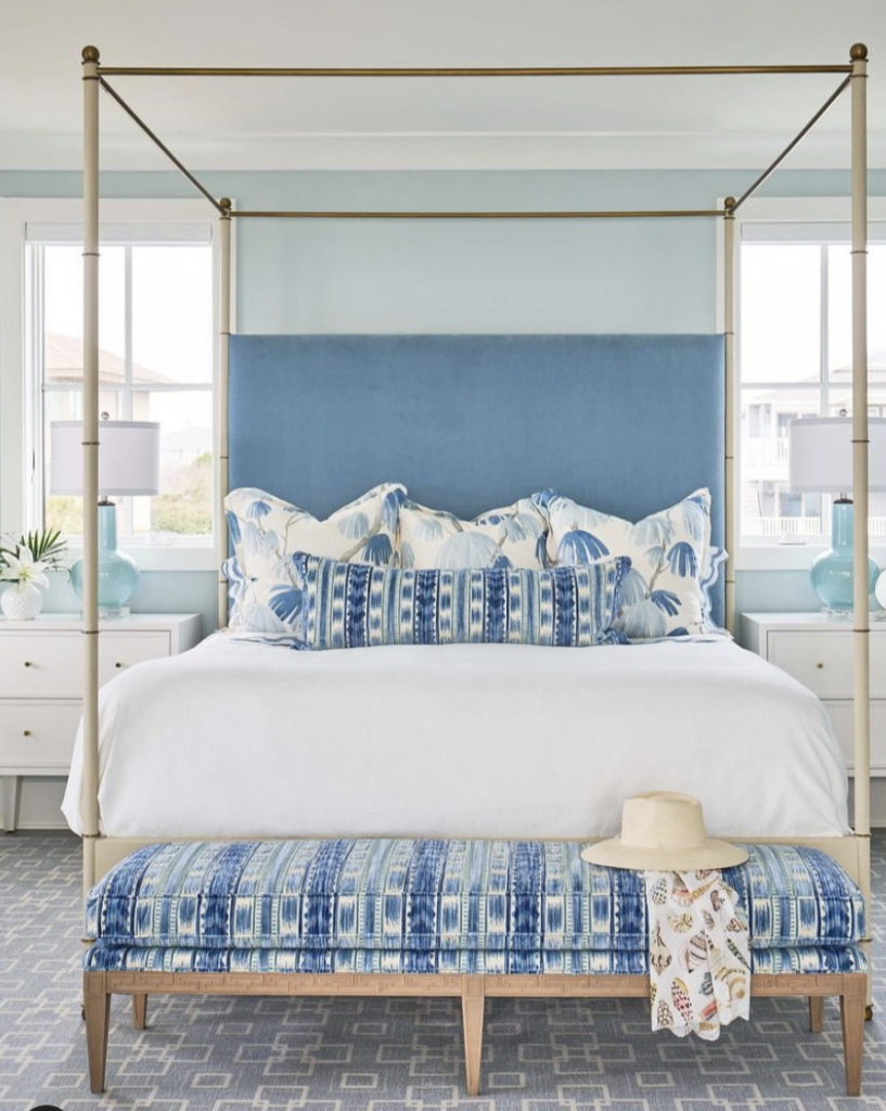 Blue Bedroom Accent Wall and Patterned Grey Carpet