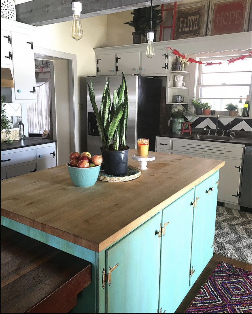 Blue Farmhouse Island with Butcher Block Top