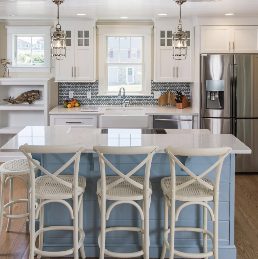 Blue Island With a White Backsplash