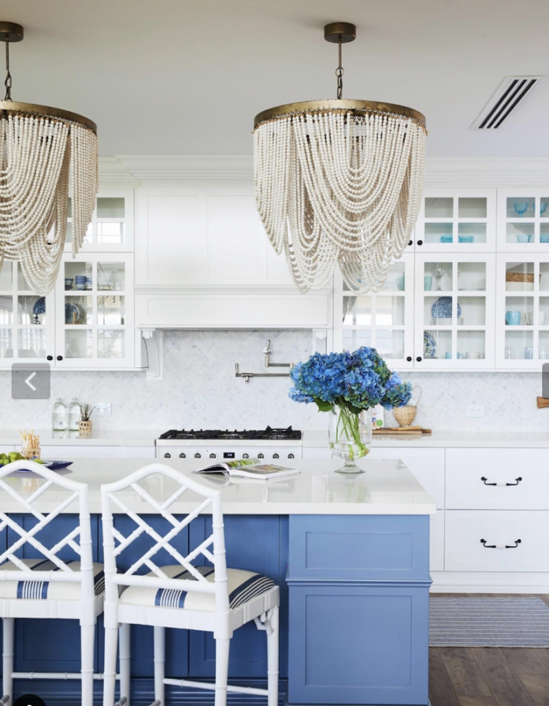 Blue Kitchen Island with Pearl Chandelier