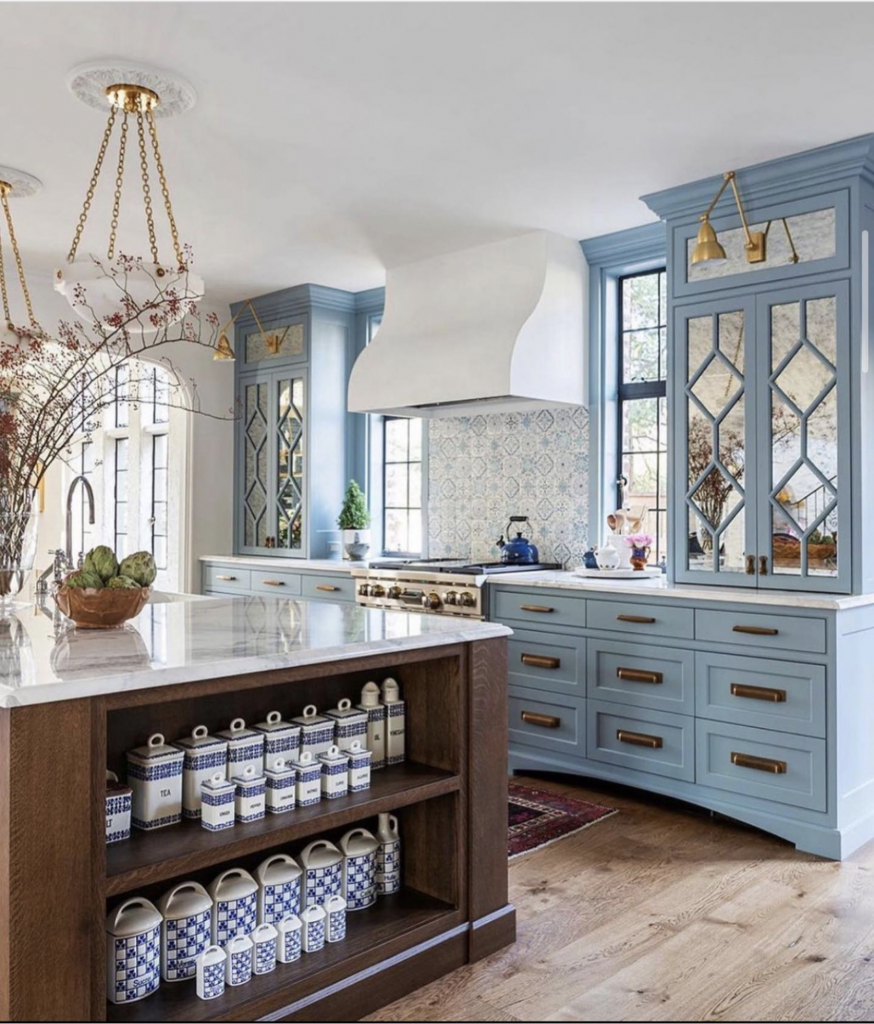 Blue Kitchen with Floral Backsplash