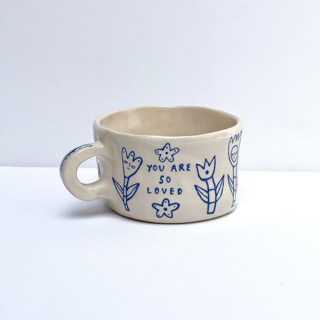 Blue-on-Cream Floral Message Mug