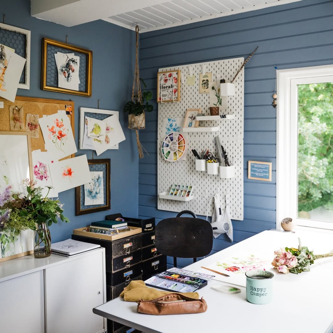 Blue Studio with Watercolor Flowers
