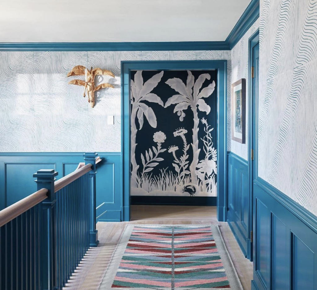 Blue Wall Wainscoting and Stair Railing
