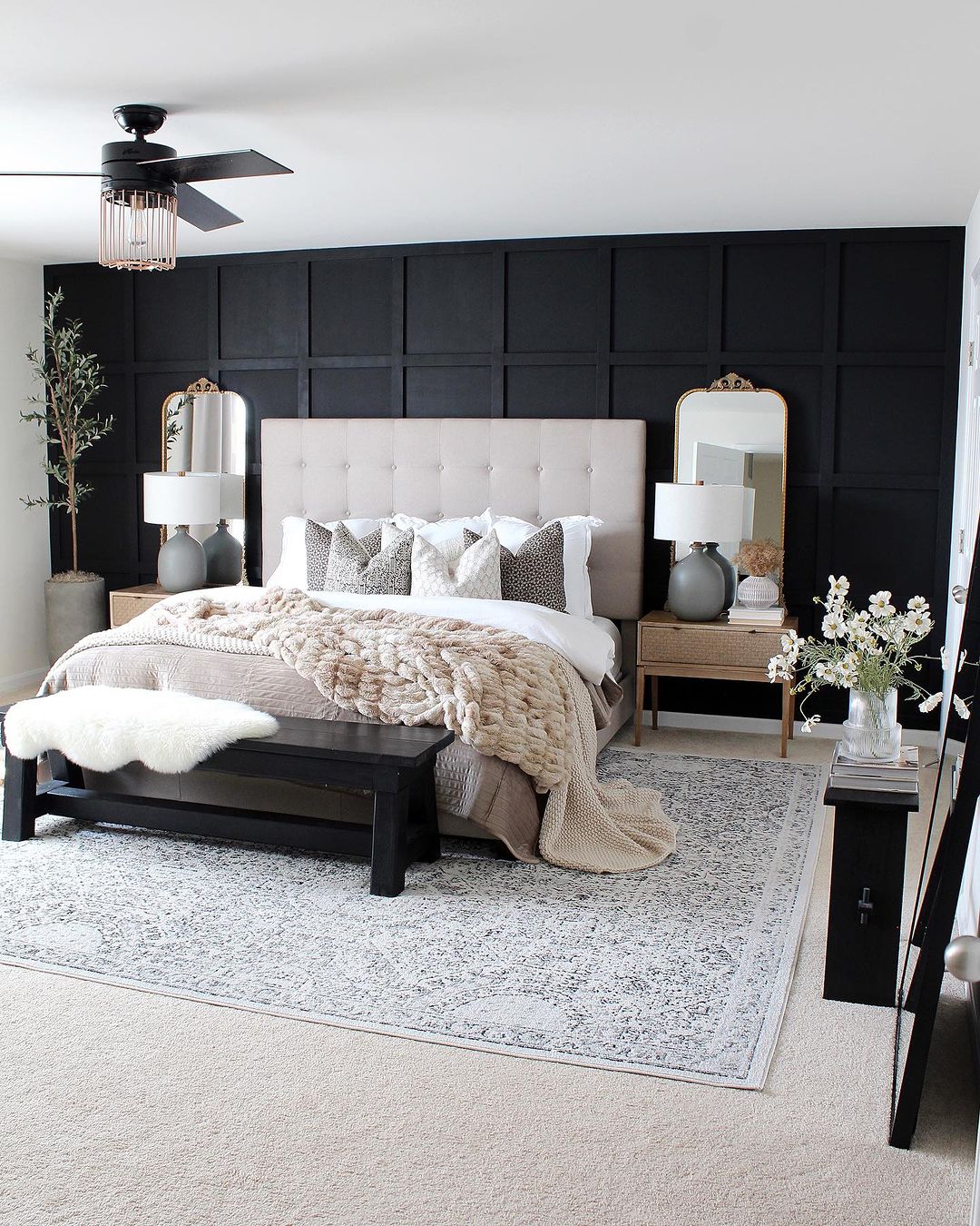 Board and Batten Accent Wall in Black with a Neutral Bed