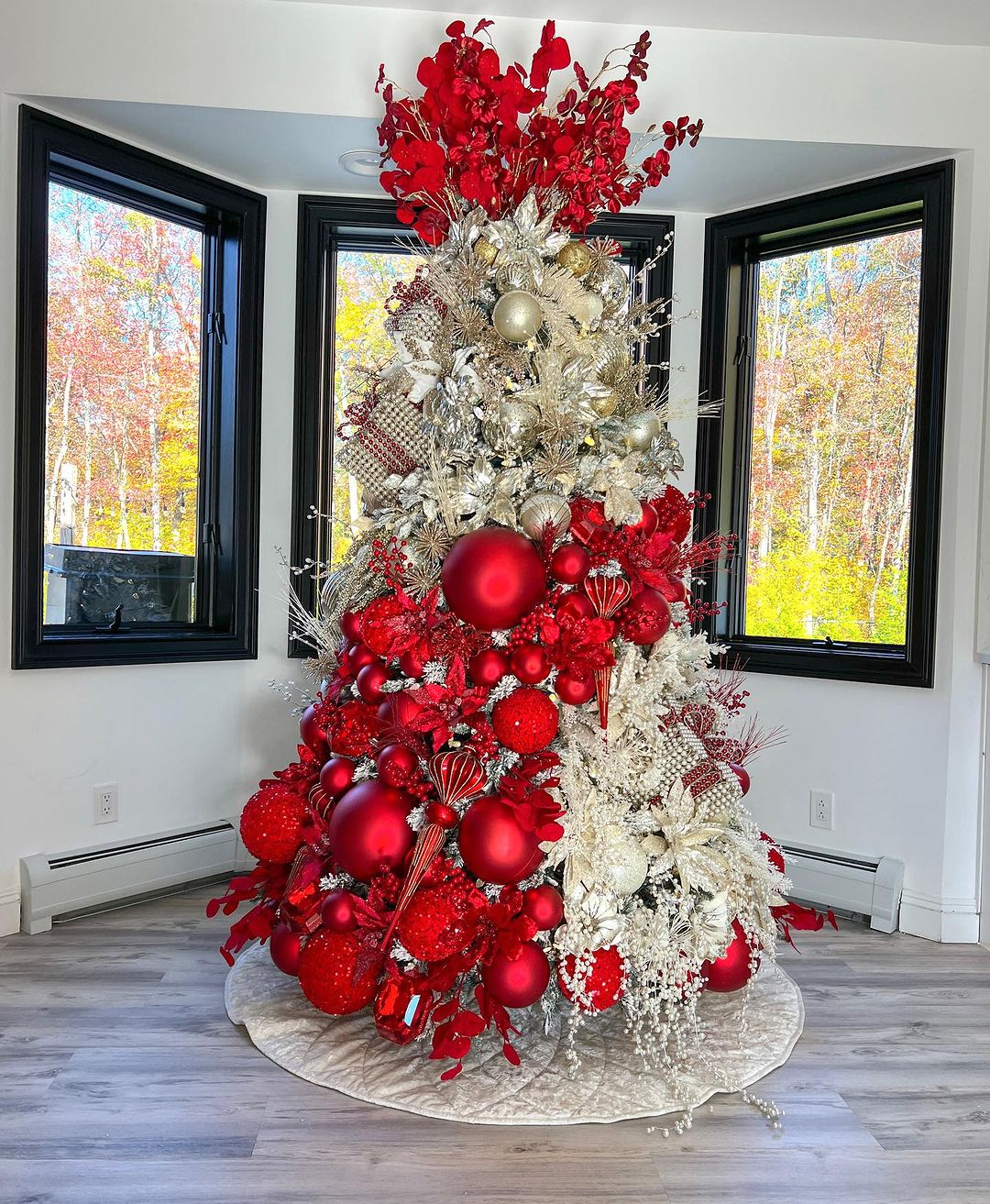Bold Red Christmas Tree with White Silver Accents