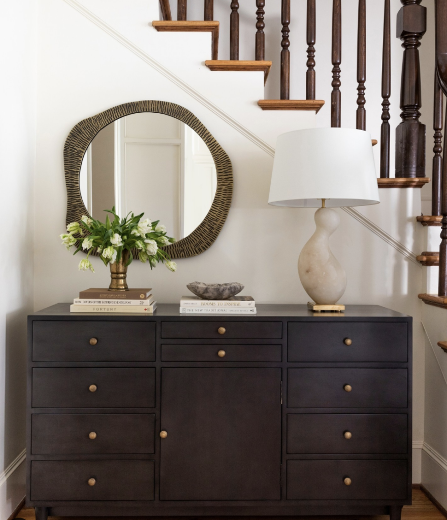 Brass Mirror and Wood Cabinet Furniture